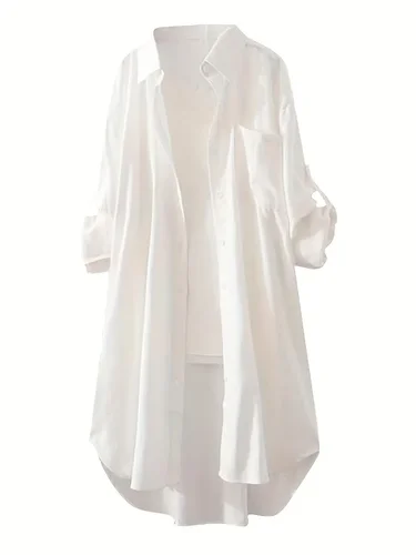 Imagen 2 del producto Blusa informal de talla grande 1XL-5XL para mujer, blusa elástica ligera con botones y manga enrollada