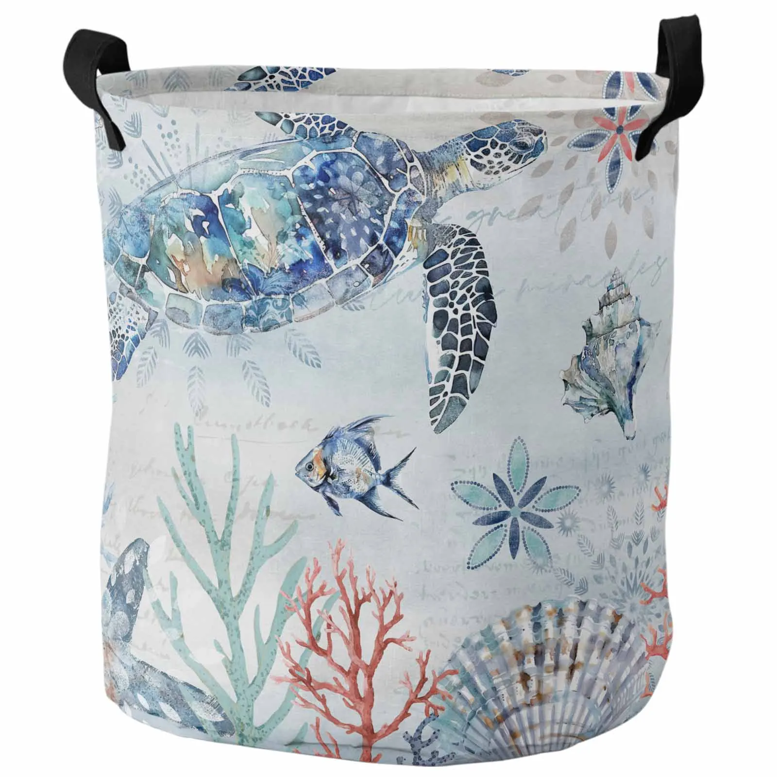 Summer Ocean Coral Shell Conch Retro Blue Turtle Foldable Dirty Laundry Basket Kid's Toy Organizer Waterproof Storage Baskets