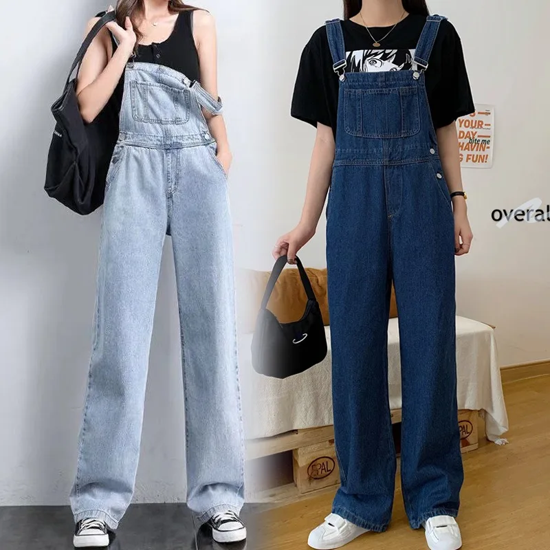 Women's Summer Korean-Style Denim Overalls for Pear-Shaped Figures Relaxed Casual Solid Color Wide-Leg Overalls Jumpsuits