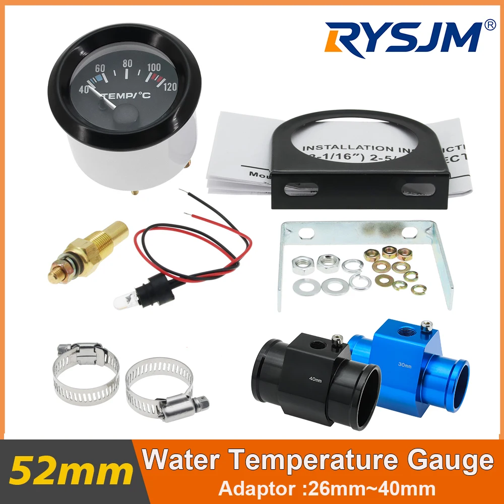 40-120 Celsius Car 52mm Water Temperature Gauge with Adaptor Joint Pipe Radiator 1/8NPT Sensor Racing Water Tank Level Indicator