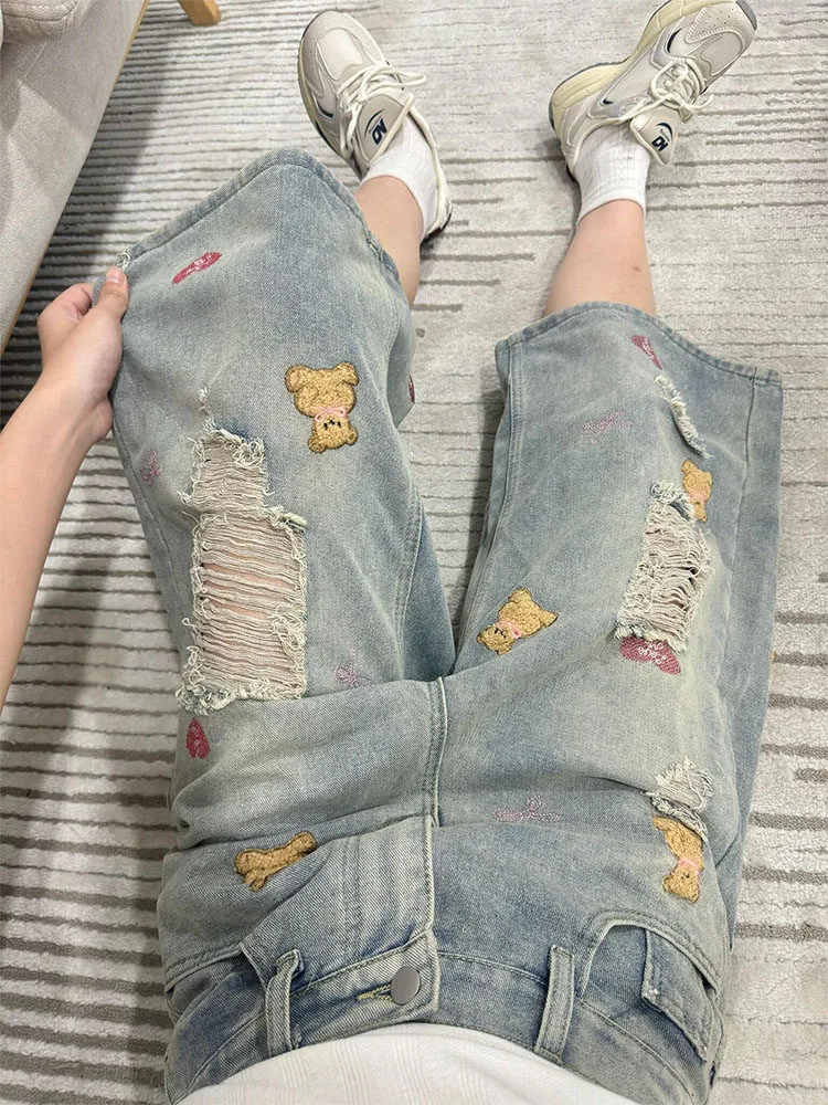 

American Vibe Ripped Denim Shorts Women's Spring Summer Thin Meat Conceal Slimming Large Size Student Seven Parts Mid-Pants