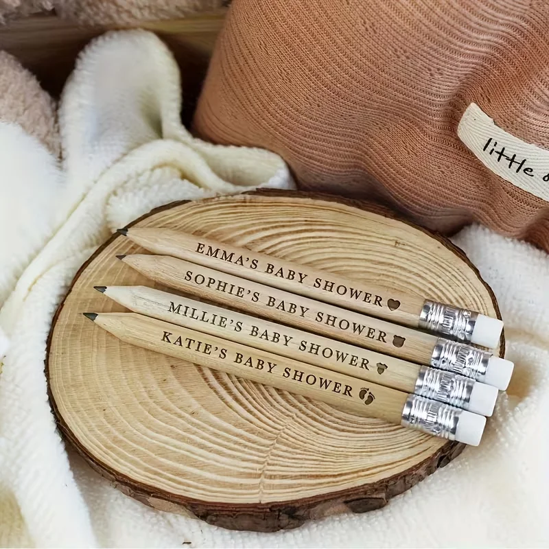 70/120 Personalized Engraved Shower Pencils - Natural Wood with Eraser, Custom Name and Date - Gender Reveal Party Favors, Baptism Souvenirs, Bulk Shower Gifts, Elegant Wooden Pencils, High-Quality Wooden Construction