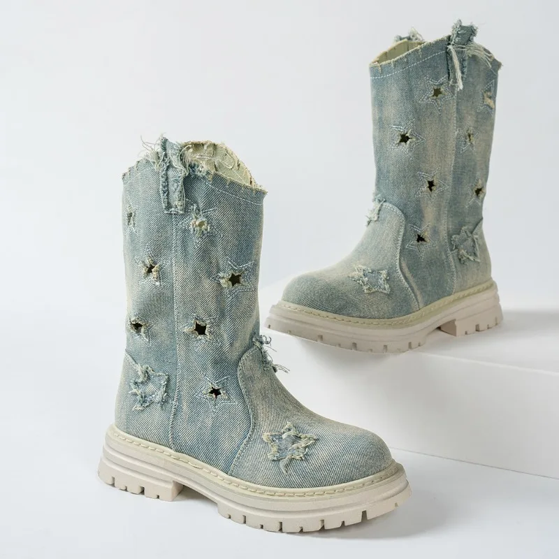 Women 2026 New Fall Plus Size Block Heel Shoes Denim Platform Cutout Tassel Breathable Mid-Leg Boots