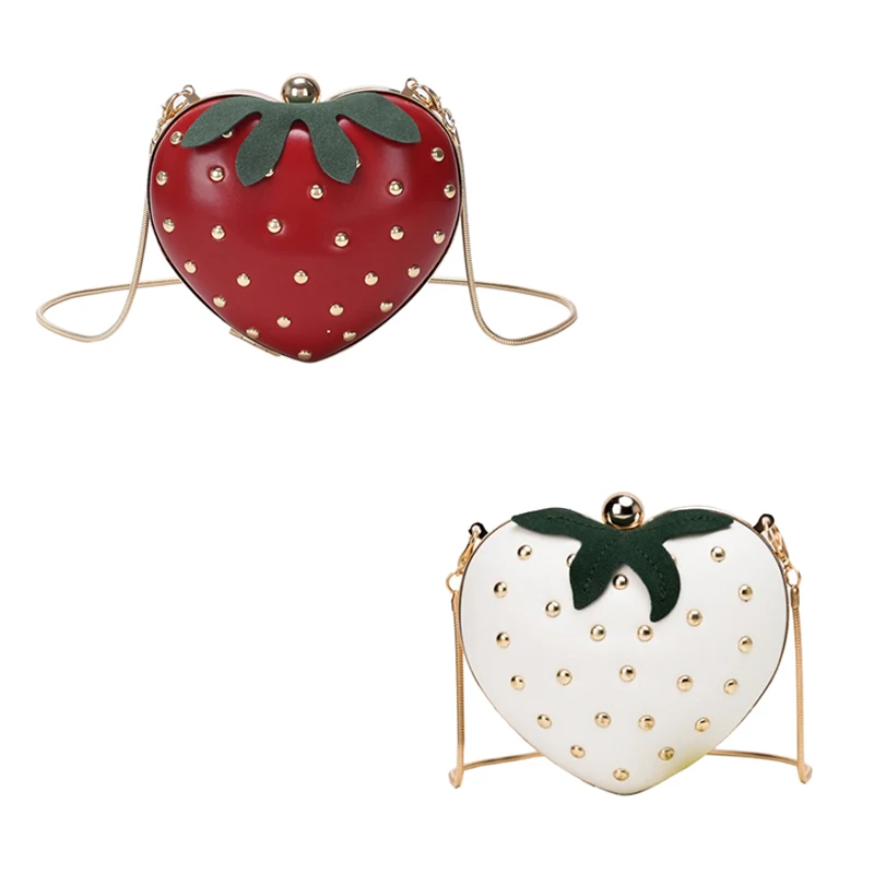 

Cute Strawberry Heart Shape Pu Studs Fashion Lady Chain Wallet Clutch Bag Shoulder Bag Handbag