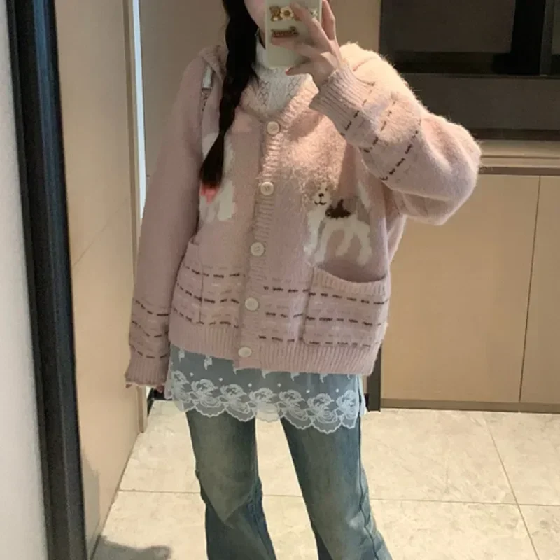 Kimotimo Cute Hooded Cardigan Sweater Women Autumn Winter Cartoon Puppy Jacquard Sweet Loose Knitted Coat Preppy Style Y2k Tops