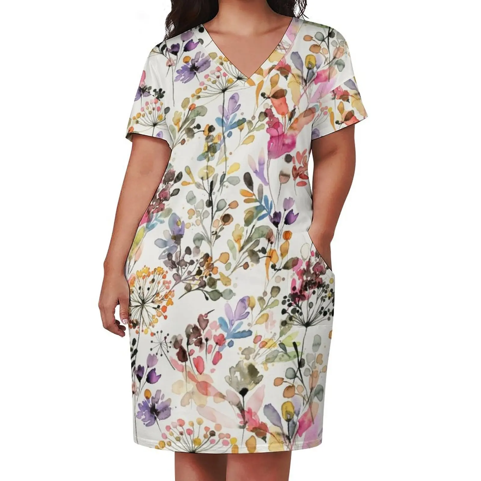 ดอกไม้และพืชป่าสีน้ํา - ธรรมชาติป่าพิมพ์ลายพฤกษศาสตร์หลวมกระเป๋าชุดเดรสฤดูร้อนสําหรับผู้หญิง 2025 ชุดพรหม