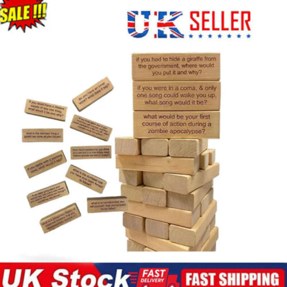 54PCS Ice Breaker Questions Tumbg Tower Game Stacking Wooden Block UK