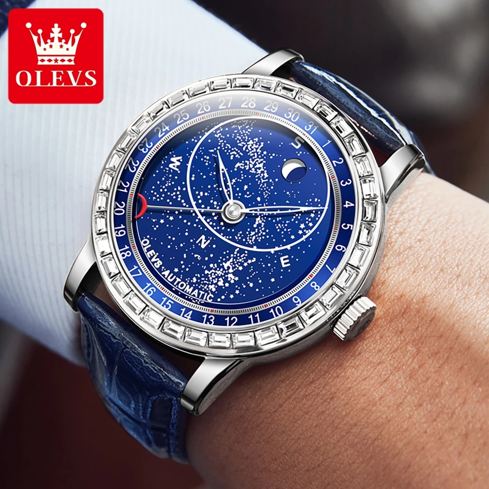 OLEVS Starry Sky Blue Luminous Men\'s Watch Automatic Mechanical Leather Strap Waterproof Wristwatch TOP Brand Men Watch Business