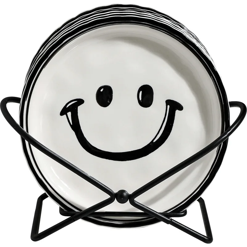 6 Piece Smiling Plate Korean INS With Metal Rack Dessert Ceramic Plates Fruit Cake Dish Breakfast Bread Tray Dishs Decor Display