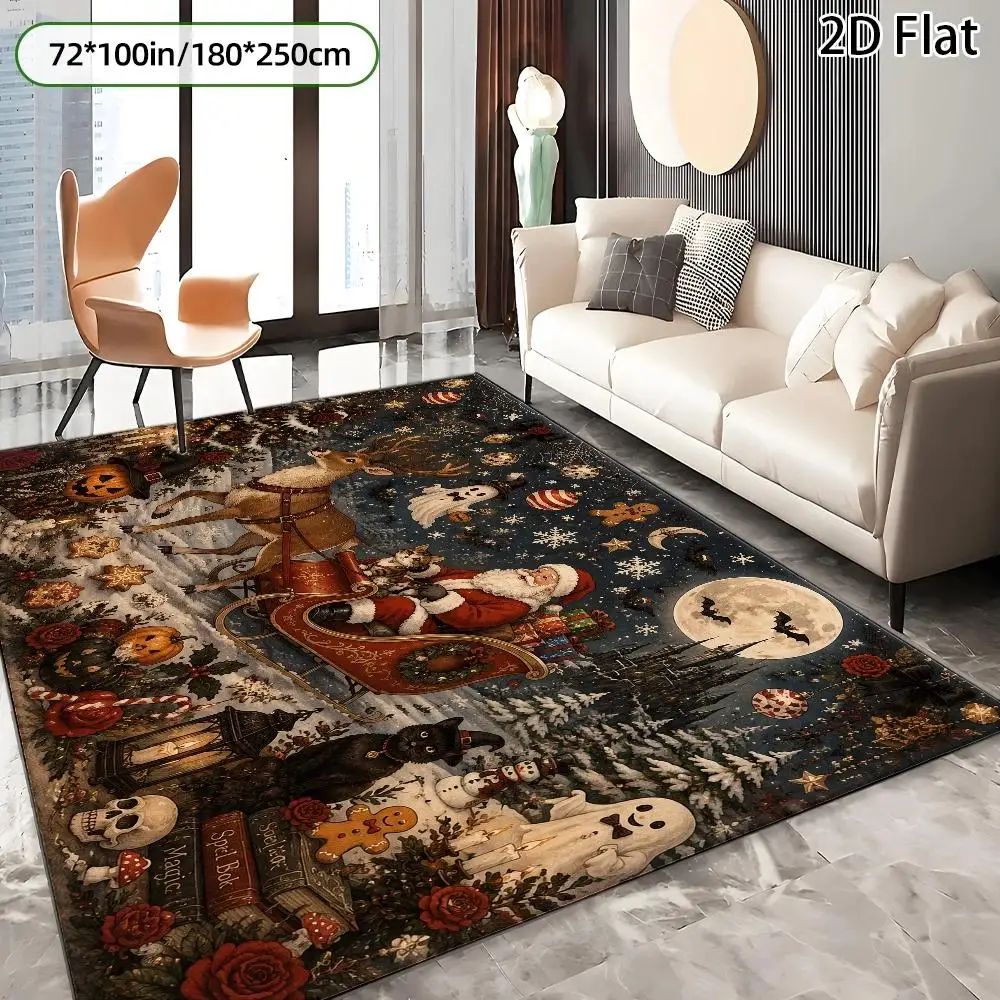 1pc Christmas Halloween Mix Santa Sleigh Area Rug, 2D Flat Print, Indoor Floor Mat for Living Room, Holiday Home Decor