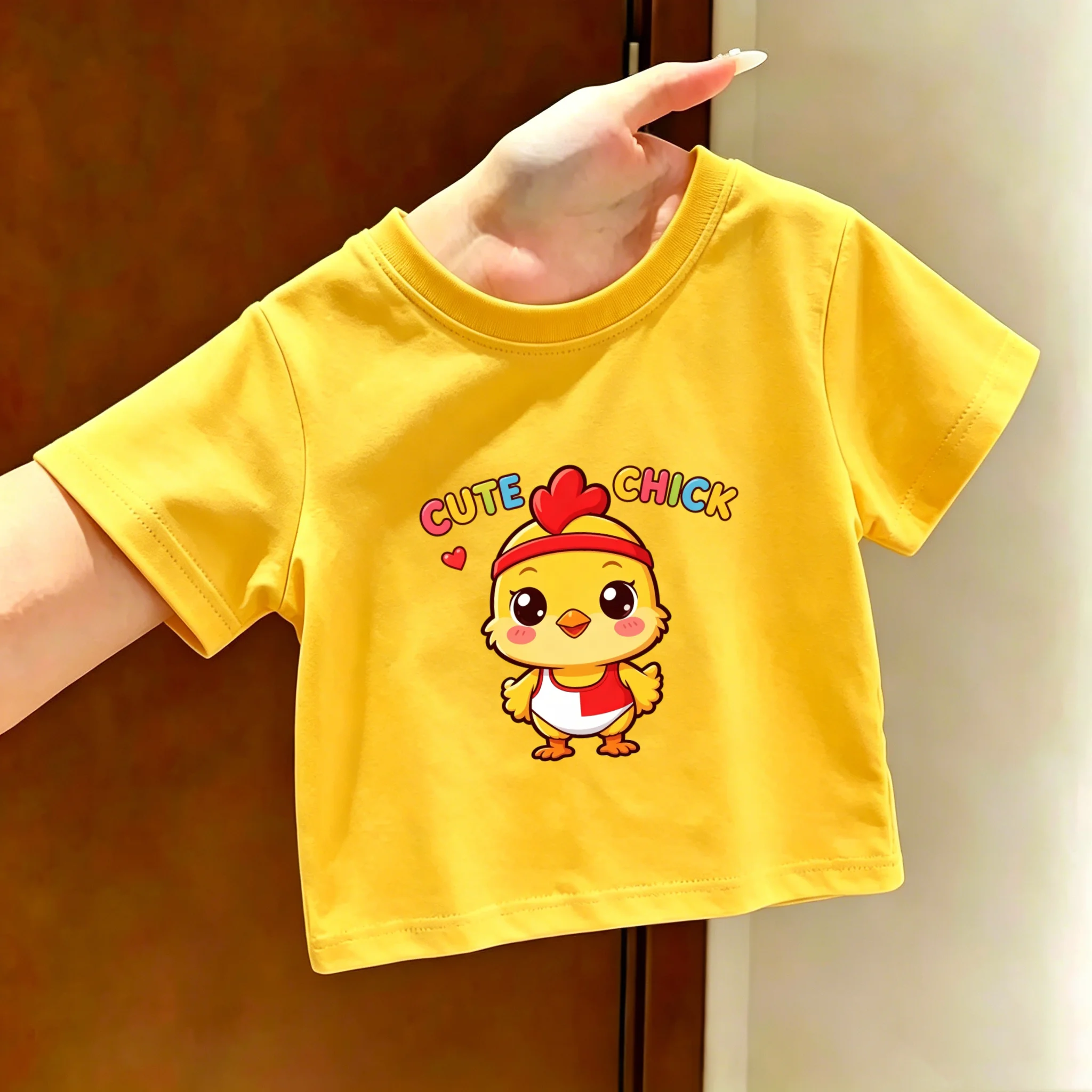 Summer 2026 Cartoon Chicken Pure Cotton Short-Sleeved T-Shirt for Kids - White Loose Fit Top for Children's Summer Wardrobe