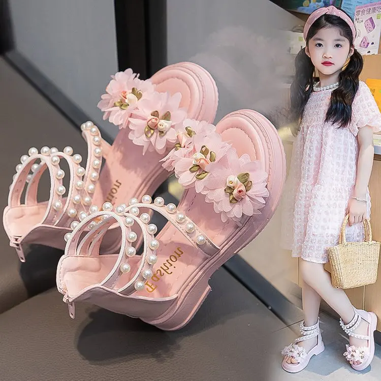 

New Summer Kids Sandals with Soft Soles Open Toes Flower Rome Princess Shoes Older Younger Children Girls Student Beach Sandals