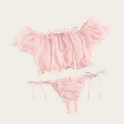 Lingerie da donna reggiseno a rete Sexy Set di biancheria intima con volant con spalle scoperte reggiseni trasparenti a pois carini fasciatura perizoma Lenceria Intimates