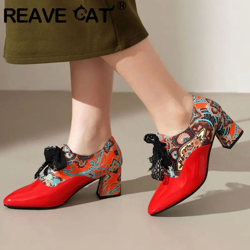 REAVE CAT Lxury Women Pumps 33 Pointed Toe Block Heel 6cm Lace Up Mixed Color Size 42 43 Leisure Daily Female Fashion Shoes