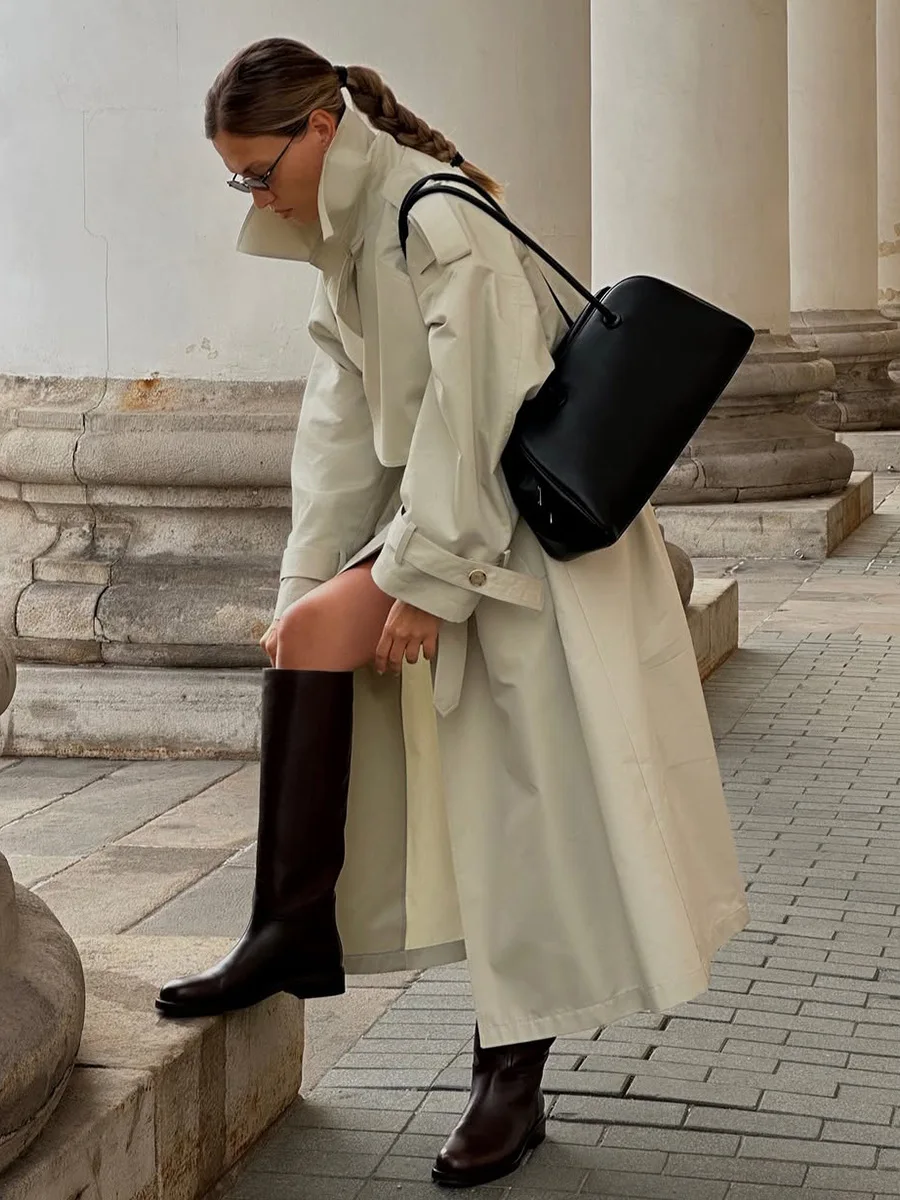 Bornladies جديد الخريف الشتاء المرأة الرجعية طويلة خندق معطف مكتب سيدة فضفاضة مربوط الخصر موضة ملابس خارجية جاكيتات