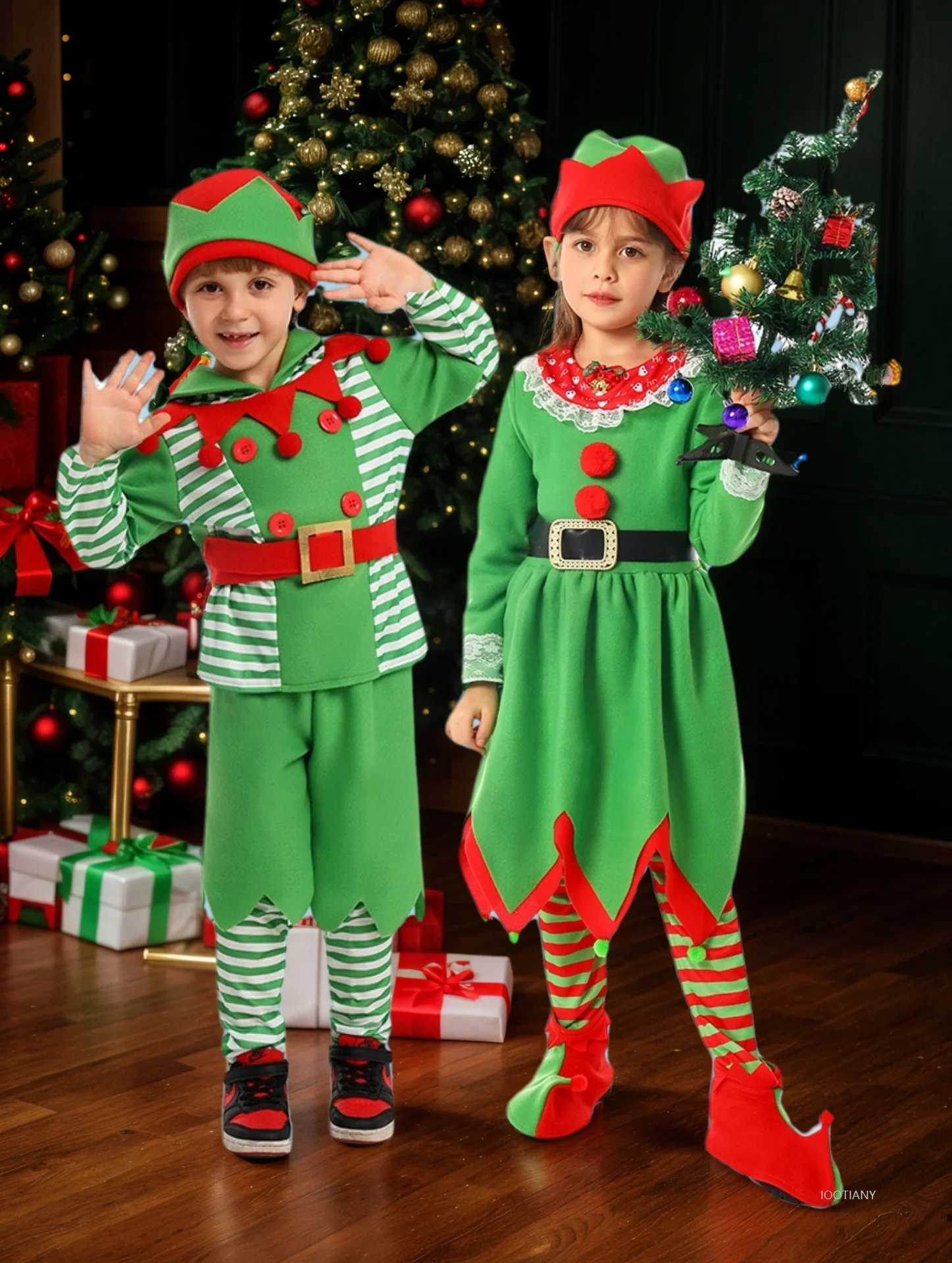 

Christmas Family Outfit Boys Girls Elf Christmas Costume Children's Green Red Party Top Pants Hat Belt Set Cosplay Costume 2025