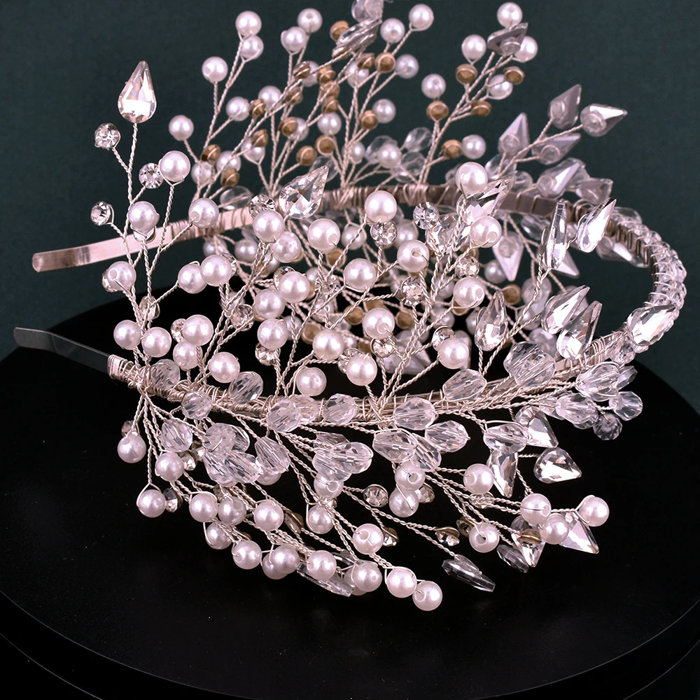 Headband artesanal de cristal pérola para mulheres, tiara prateada e cocar, concurso de noiva, jóias para cabelo, casamento elegante, DZ163