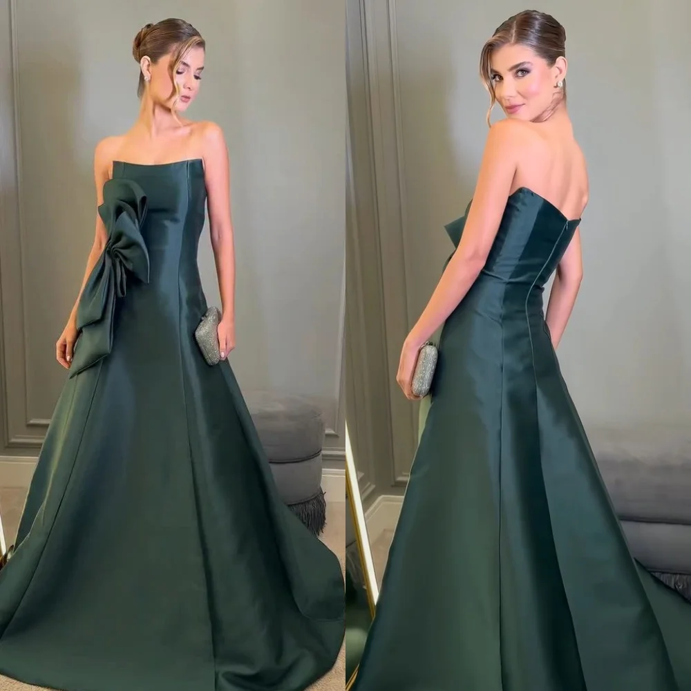 

Customized High Quality Exquisite Charmeuse Bow Ruched A-line Strapless Long Dresses Bespoke Occasion Dresses Elegant Simple