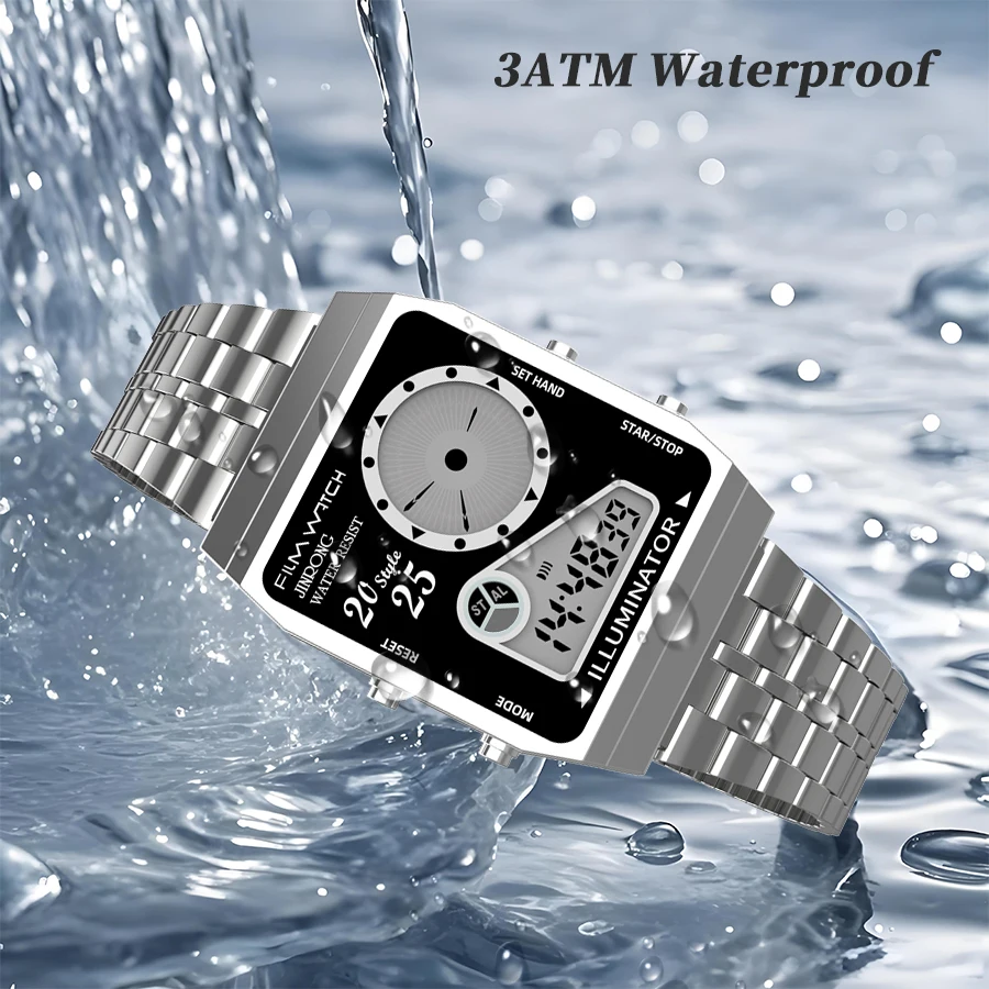 2025 ساعة رياضية عصرية للرجال ذات عرض مزدوج مقاومة للماء 30 متر حزام من الفولاذ المقاوم للصدأ كرونوغراف إنذار عرض الأسبوع والتاريخ