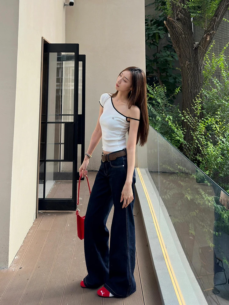 레트로 오리지널 컬러 로우 웨이스트 벨보트 와이드 레그 진 여성용 봄 가을 2024 신상 스트레이트 컷 롱 팬츠 핫걸