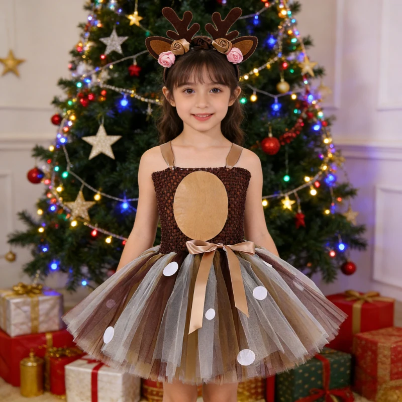 Christmas Deer Costumes for Girls Reindeer Ballet Tutus Outfit Children New Years Clothes for Kids Xmas Holiday Lined Dresses