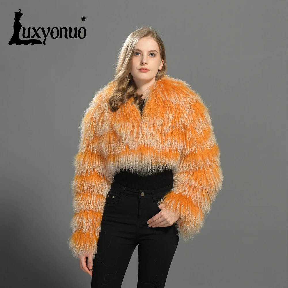 Luxyonuo Women's Real Mongolian Sheep Fur Coat Fall Fashion Cropped Jacket Ladies Winter Turn-Down Collar Fur Coats New Arrival