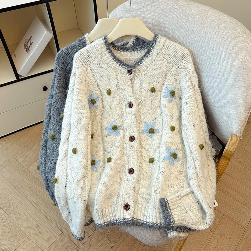 

Seoulish, осенне-зимний однобортный женский кардиган с цветочным принтом, новинка 2025, повседневные свободные свитера с длинными рукавами, женские топы