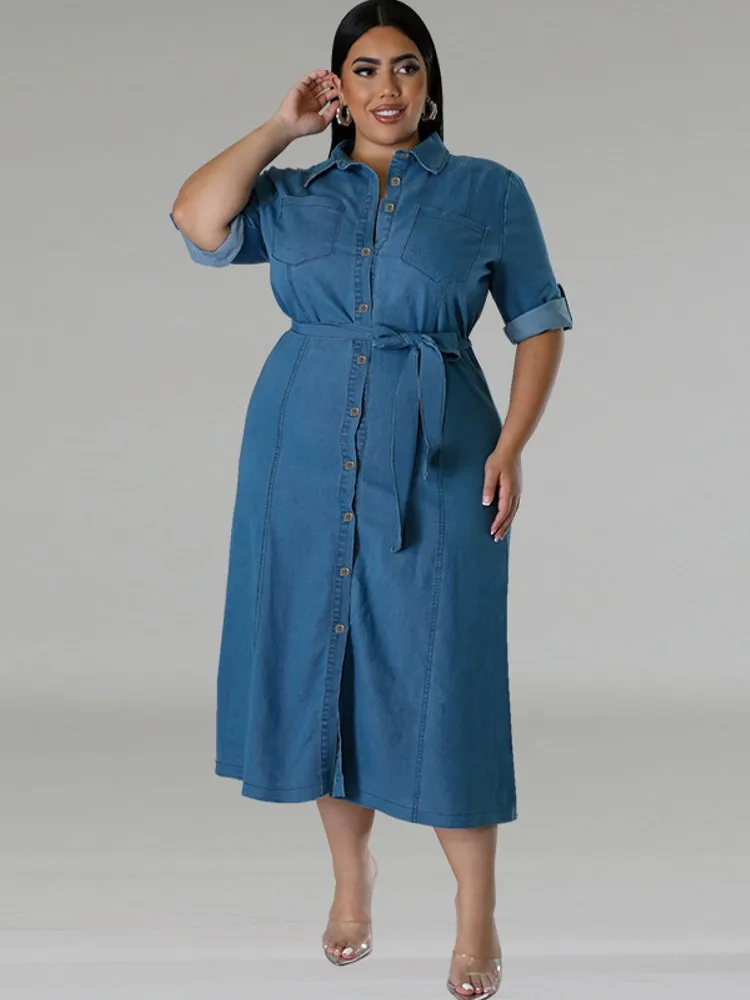 XL-5XL Plus Size Clothes Dresses Women Robes Summer Denim Loose Street Style Casual 3XL 4XL Duży rozmiar Midi Dress Oversized