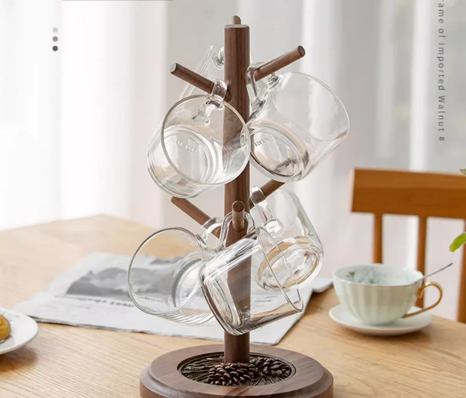 

Solid wood high-end mug teacup Kitchen living room desktop hanging cup holder Light luxury glass storage rack tea ceremony drain