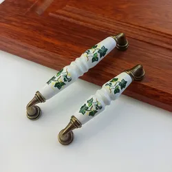 Green Leaves Ceramics Handle For Furniture Door Drawer Knob Wardrobe Kitchen Cabinets Handle Bronze Cupboard Dressing Table Pull
