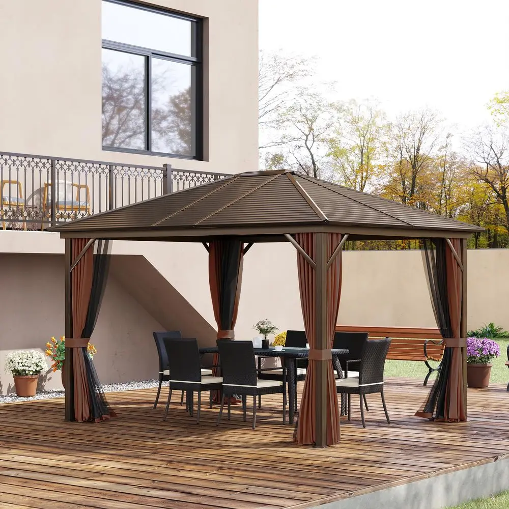 10 x 12 Hardtop Gazebo with Curtains and Netting, Permanent Pavilion Metal Single Roof Gazebo Canopy with Aluminum Frame and Ho