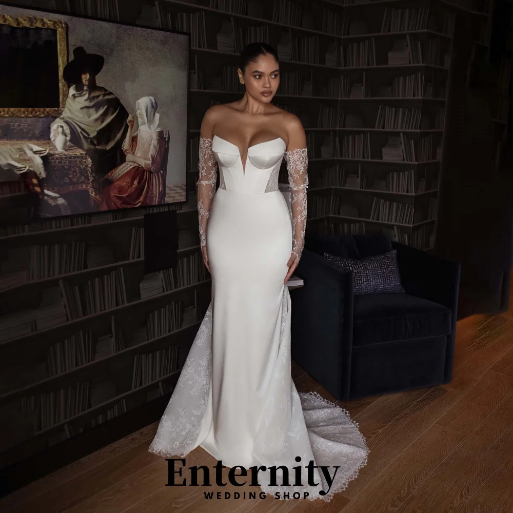 

Customized Elegant Lace Applique Wedding Dress Exquisite Half Sleeve Satin Bridal Gown Mermaid Wedding Gown Vestidos De Novia