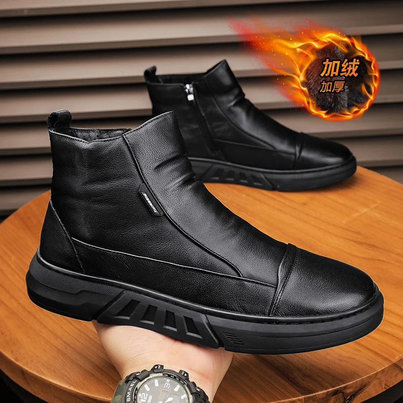 Fashion Men Leather Shoes Trends Motorcycle Boots Chelsea High Top Boots Waterproof Comfortable Platform Work & Safety Boot