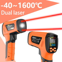 1600°C Digital Thermometer Non-contact High Temperature Meter Infrared Pyrometer Dual Laser with K-type Probe Alarm Emissivity