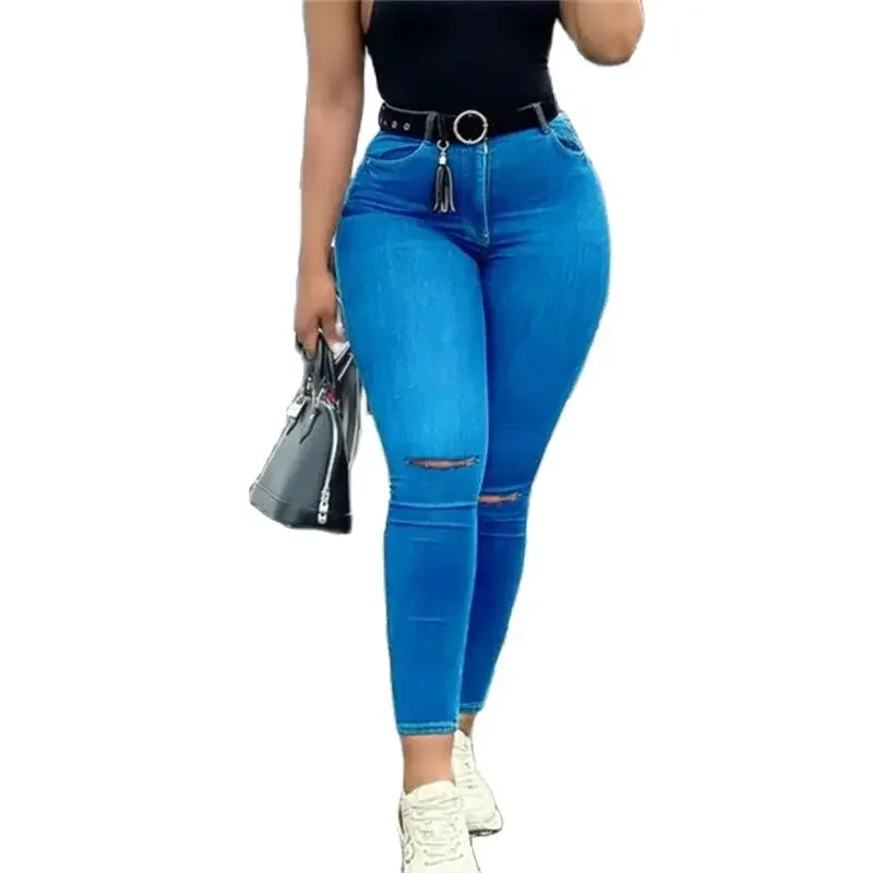 Women Knee Broken Holes Pencil Jeans High Waist Slim Fit Stretch Denim Pants Female Comfortable Office Commuter Casual Trousers