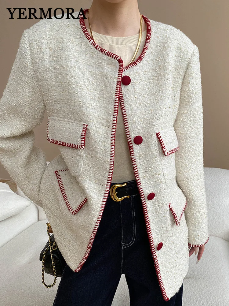 

YERMORA Beige Wool Tweed Pockets Casual Jacket For Women O-neck Long Sleeve Loose New Coat Fashion Tdie Srping Autumn 2025