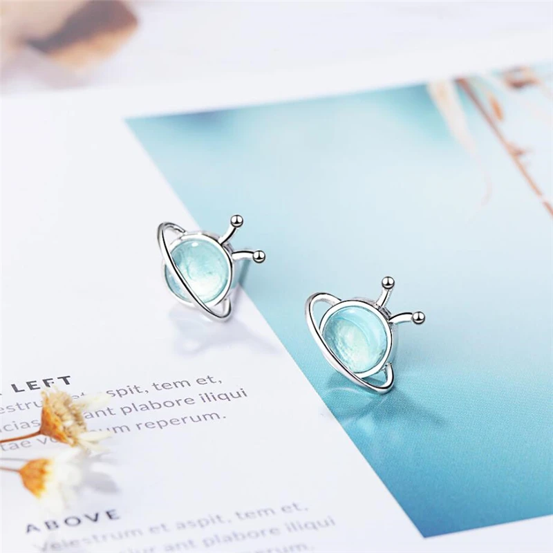 Blue Crystal Planet Snail Cute Fresh Sweet 925 Sterling Silver Female Stud Earrings EA590