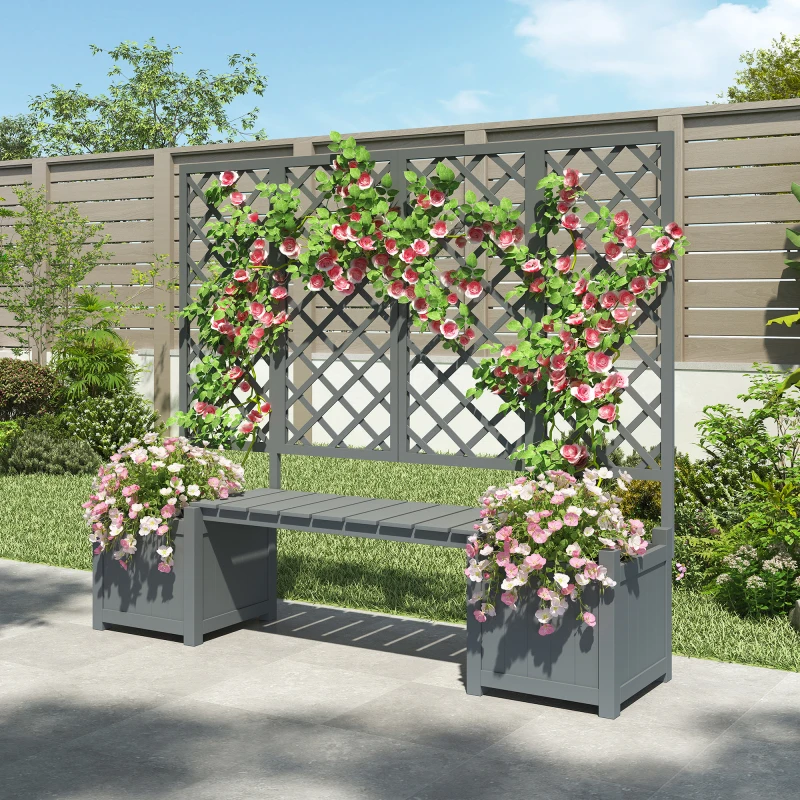 Pot de fleurs, pot de fleurs avec treillis comme support pour plantes grimpantes, pot de fleurs spacieux, jardinière, en sapin gris massif, pot de fleurs avec treillis et siège pour terrasse de jardin