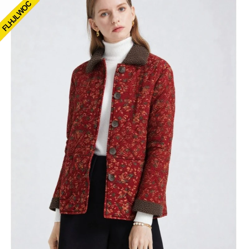 

Warm Thick Cotton Coats Outerwear Cute Girls New Year Retro Vintage Floral Printing Japanese Style Women Fur Collar Parkas