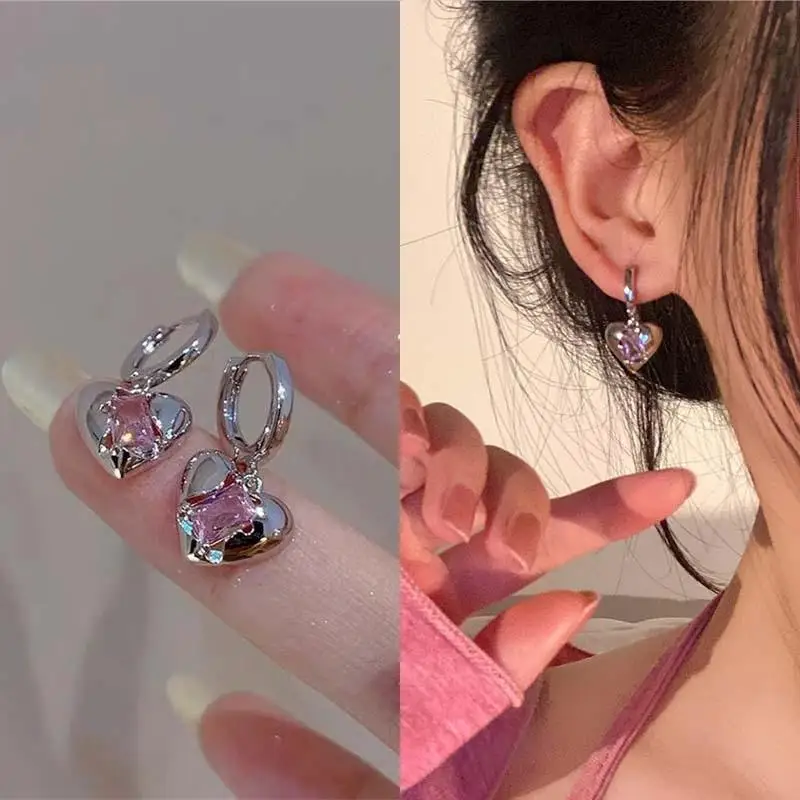 Fashion Y2K Pink Peach Heart Drop Pendant Earrings Women Girl Sweet Crystal Dangle Earrings Luxury Banquet Jewelry Gift