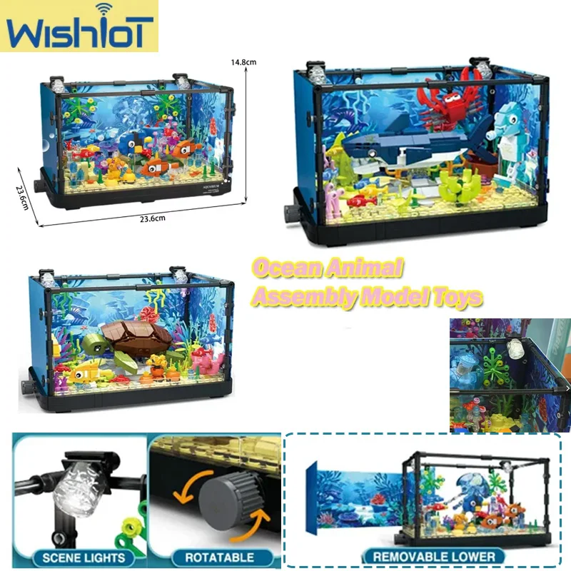

Marine Animal Jellyfish Fishbowl Aquarium MOC Building Blocks Sea Turtle Fish Tank Assembled Educational Model Bricks Toys Gifts