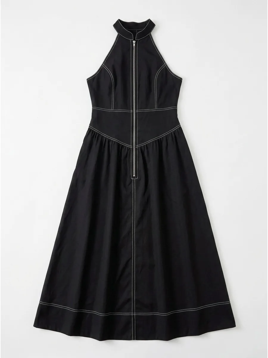 Missuoo 2026 Summer New Women's Halter Neck Sleeveless Maxi Dress Solid Color Front Zipper Contrast Stitching A Line Party Dress