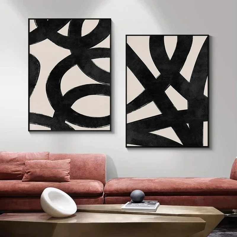 Moderne Beige Schwarz Linien Pinselstriche Poster Abstrakte Leinwand Malerei Minimalistische Kunstdrucke Nordic Wand Kunst Bilder Wohnkultur