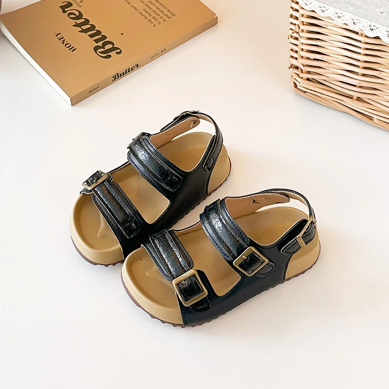 

Kids'Casual Shoes Sandals PU Leather Summer Open Peep Toe Shoes For Girls Boys Soft Bottom Black Shoes Size 23-36
