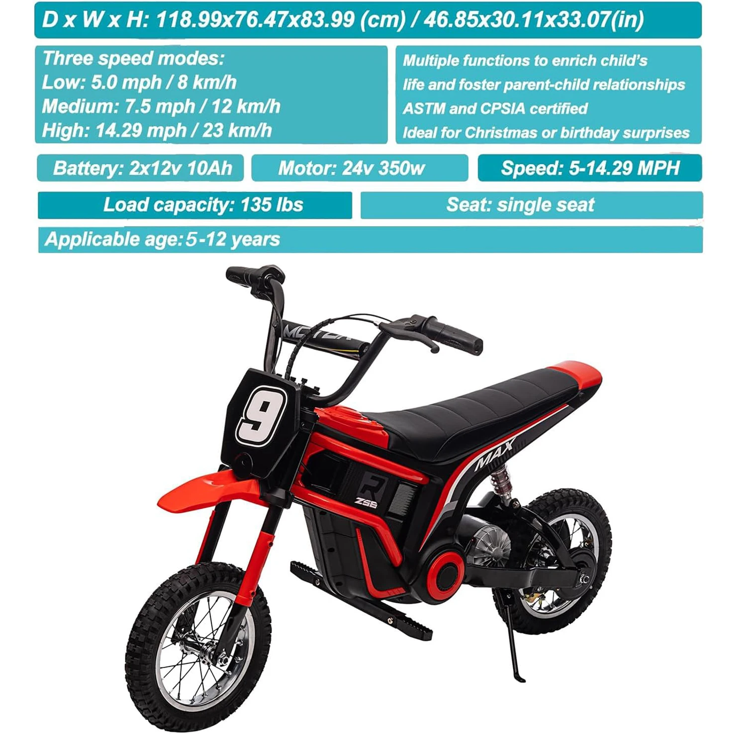 24V Electric Dirt Bike for Kids 350W Ride On Motorcycle, Ages 5+, Up to 14.29 MPH, 2-Speed Modes, Perfect Electric Bike for Kids