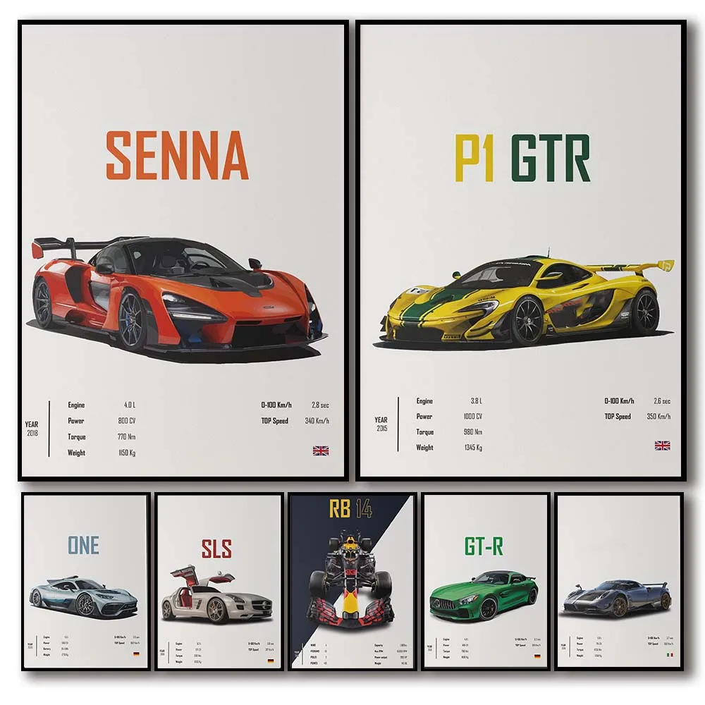 Pop Retro Luxury Supercar F1 Poster Aesthetic Sport Cars Senna Slr Canvas Parnt Wall Art Home Decoration Garage Room Decor