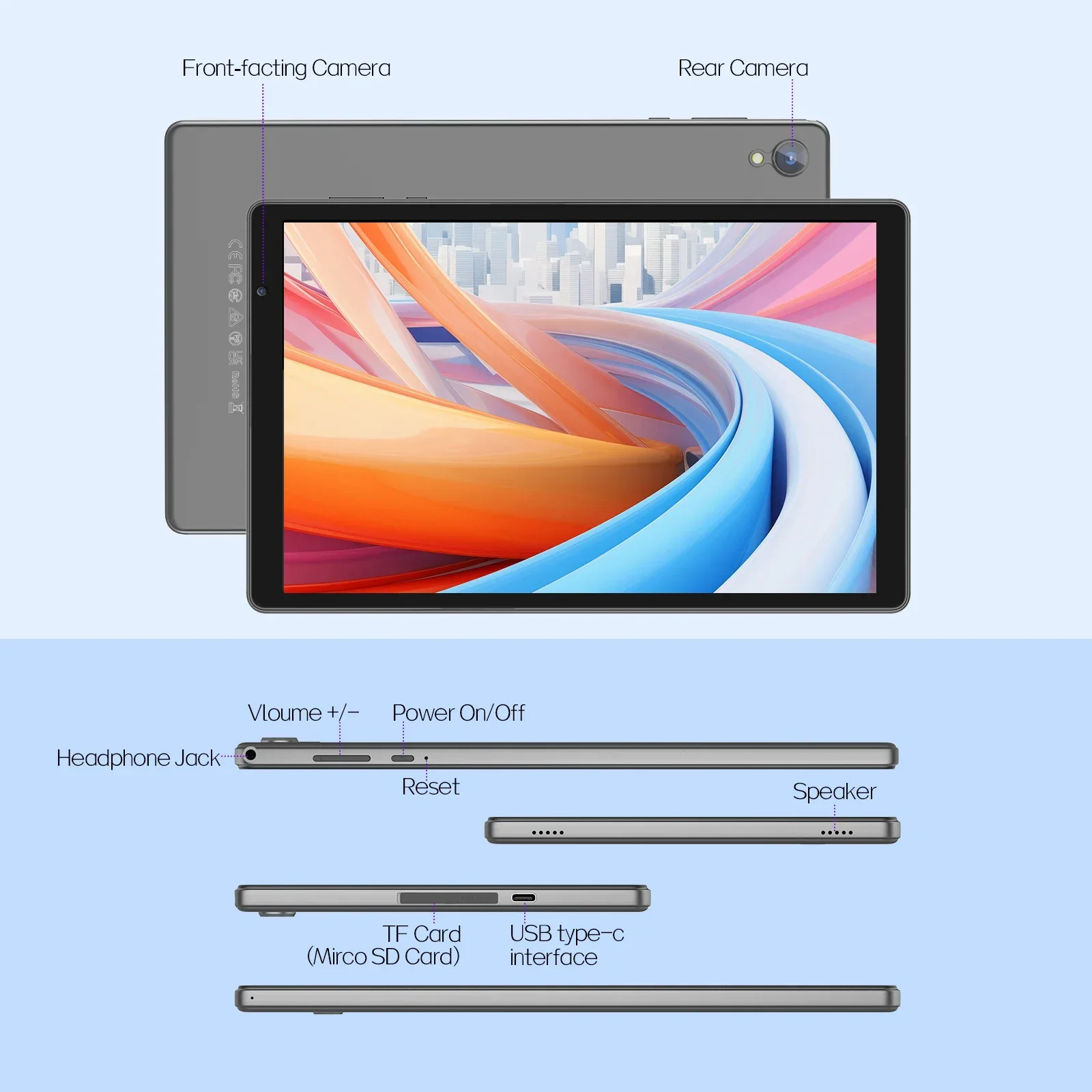 แท็บเล็ตขนาด 10.1 นิ้วรุ่นล่าสุด, ซีพียูแบบควอดคอร์, ระบบปฏิบัติการ Android 14, พื้นที่เก็บข้อมูล 32GB, รองรับการขยายหน่วยความจำด้วยการ์ด SD สูงสุด 512GB, รองรับ WiFi, เชื่อมต่อไร้สาย, กล้องคู่, รองรับ GMS