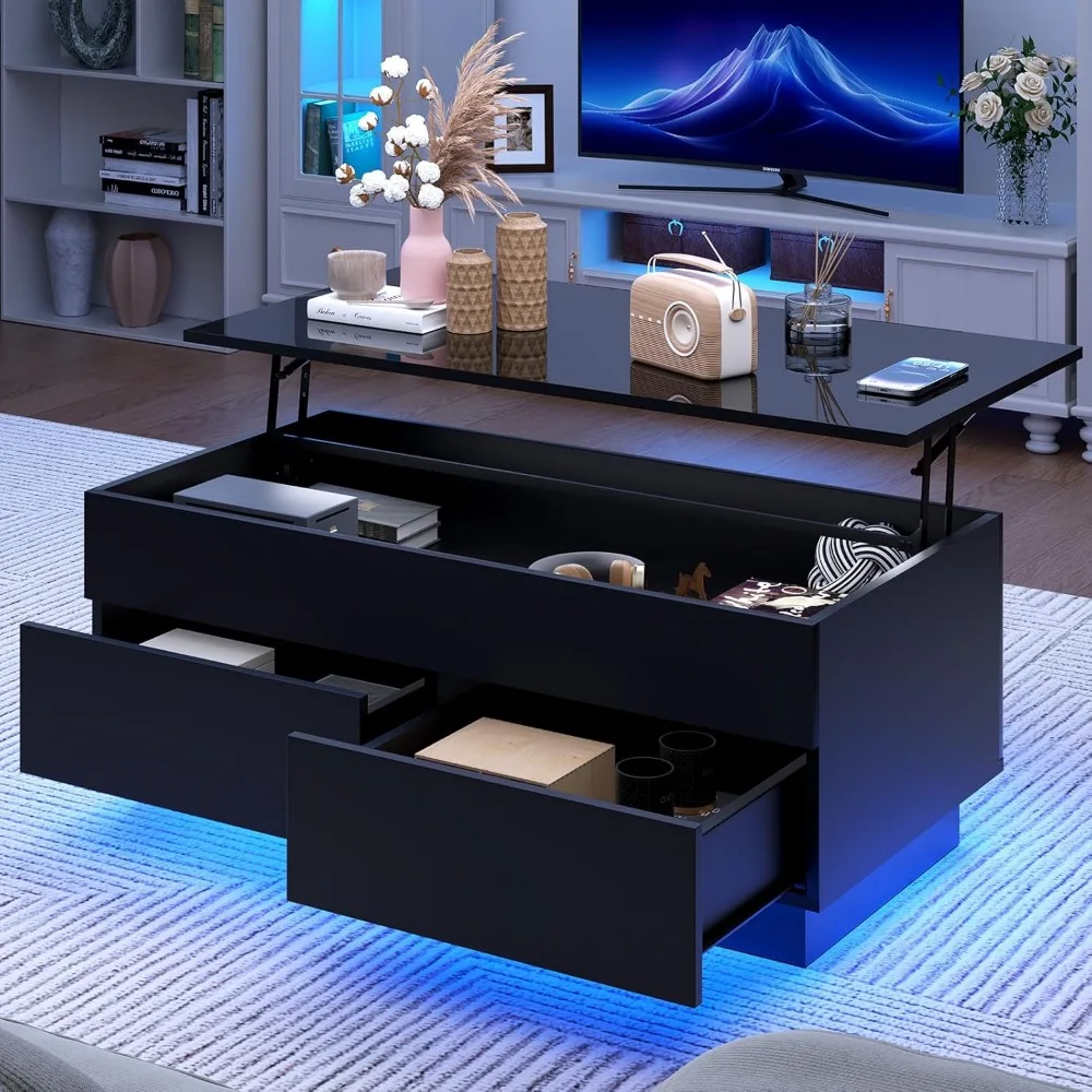 

40'' Lift Top Coffee Table, Black Coffee Tables with Storage for Living Room, LED Modern Coffee Table, Flip Top Center Ta