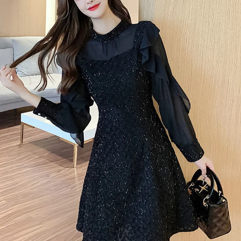 Autumn Winter Stand Collar Ruffles Mesh Patchwork Mini Dress Women Long Sleeve Elegant Fashion Bright Silk A-line Dresses Robe F