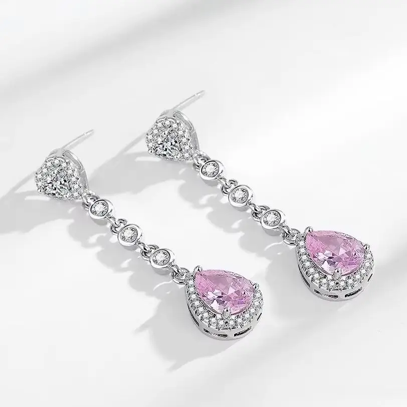 Luxury 925 Sterling Silver Long Earrings Elegant Pink Diamond Design Cross-border European Style Women's Fashion Jewelry